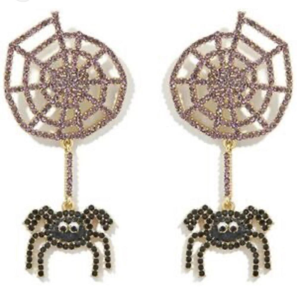 Kawaii Large Spiderweb Spider Drop Dangle Earrings with Pink & Black Rhinestones